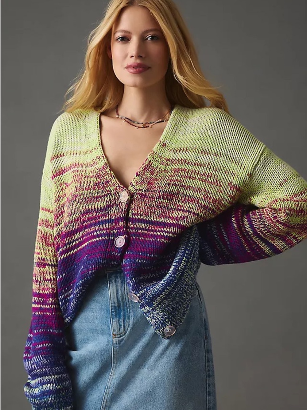 525 America Ombre Button Cardigan in Lime & Purple